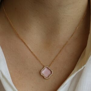 Gold Plated Stainless Steel Clover Necklace with Pink Stone Dainty Feminine